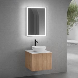 neoro n50 Meuble sous-vasque l : 60 cm, 1 tiroir, fa&ccedil;ade en ch&ecirc;ne stri&eacute;e, vasque &Oslash; 40 cm blanc mat, plan de toilette blanc mat, avec armoire de toilette n60, BN0064WM+BN0431PO+BN0401WM+BN0491MI,
