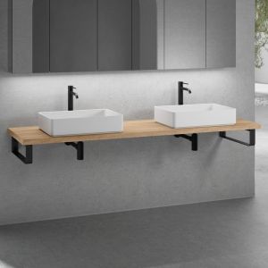 neoro n50 2 vasques &agrave; poser l : 58 H : 13 P : 37 cm, avec plan de toilette en bois massif sans d&eacute;coupe l : 200,5 H : 4 P : 51,5 cm, 2#BN0065WM+BN0406W1+2#BN000005+2#BN000002,