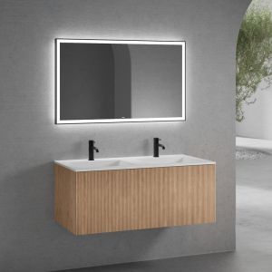 neoro n50 Meuble bas l: 120 cm, 1 tiroir, façade en chêne lisse, plan vasque double avec 2 trous de robinetterie, blanc mat, avec miroir, BN0098WM+BN0434BFO+BN0017MI,