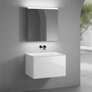 neoro n50 Meuble bas l: 80 cm, 1 tiroir, vasque blanche mate sans trou de robinetterie, avec armoire de toilette,, BN0095WM+BN0432WH+BN0473MI,