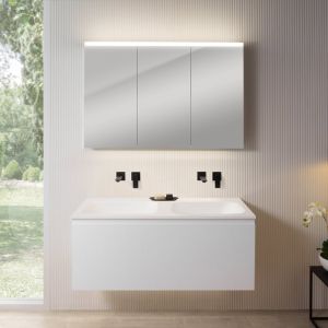 rivea Dia Meuble sous-vasque l : 121 cm, 1 tiroir, double vasque sans trou de robinetterie, blanc mat, avec armoire de toilette n50, BR0039WM+BR0057WM+BN0475MI,