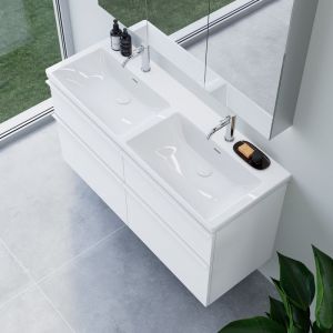 Double vasque Subway 3.0 de Villeroy & Boch avec meuble sous-vasque ineo4 d&rsquo;evineo&nbsp;l : 130 cm, 4 tiroirs, avec poign&eacute;e,, 4A71D501+BE0812WM,