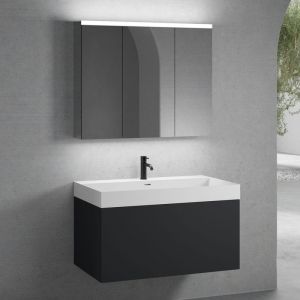 neoro n50 Meuble bas l : 100 cm, 1 tiroir, vasque blanc mat avec 1 trou percé, avec armoire de toilette,, BN0139WM+BN0433BM+BN0474MI,