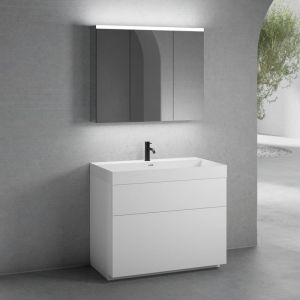 neoro n50 Meuble bas l : 100 cm, 2 tiroirs, vasque blanc mat avec 1 trou percé, avec armoire de toilette,, BN0139WM+BN0443WM+BN0474MI,