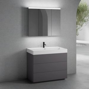 neoro n50 Meuble bas l : 100 cm, 3 tiroirs, vasque blanc mat avec 1 trou percé, avec armoire de toilette,, BN0139WM+BN0453GR+BN0474MI,