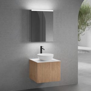 neoro n50 Meuble sous-vasque l : 60 cm, 1 tiroir, fa&ccedil;ade en ch&ecirc;ne stri&eacute;e, vasque &Oslash; 40 cm blanc mat, plan de toilette blanc mat, avec armoire de toilette, BN0064WM+BN0431PO+BN0401WM+BN0472MI,