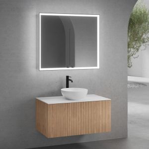 neoro n50 Meuble sous-vasque l : 100 cm, 1 tiroir, fa&ccedil;ade en ch&ecirc;ne stri&eacute;e, vasque &Oslash; 40 cm blanc mat, plan de toilette blanc mat, avec armoire de toilette n60, BN0064WM+BN0433PO+BN0403WM+BN0493MI,