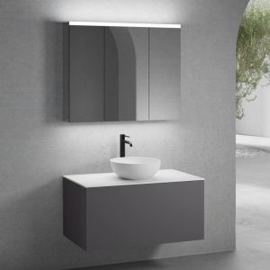 neoro n50 Meuble bas l : 100 cm, 1 tiroir, vasque &Oslash; 45 cm blanc mat, avec armoire de toilette,, BN0106WM+BN0433GR+BN0403WM+BN0474MI,