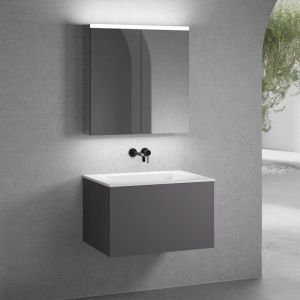 neoro n50 Meuble bas l: 80 cm, 1 tiroir, vasque blanche mate sans trou de robinetterie, avec armoire de toilette,, BN0095WM+BN0432GR+BN0473MI,