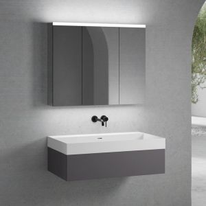 neoro n50 Meuble bas l : 100 cm, 1 tiroir, vasque blanc mat sans trou percé, avec armoire de toilette,, BN0135WM+BN0413GR+BN0474MI,