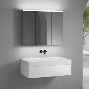 neoro n50 Meuble bas l : 100 cm, 1 tiroir, vasque blanc mat sans trou percé, avec armoire de toilette,, BN0135WM+BN0413WH+BN0474MI,