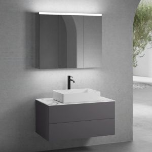 neoro n50 Meuble bas l: 100 cm, 2 tiroirs, vasque l: 58 cm blanc mat, avec armoire de toilette,, BN0065WM+BN0423GR+BN0403C1+BN0474MI,