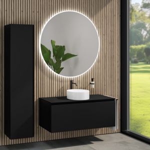 rivea Dia Meuble sous-vasque l: 120 cm, 1 tiroir, vasque Ø 38 cm blanche, avec miroir éclairé Kanya, BR0535WH+BR0039BM+BN0404BM+BR2029MI,