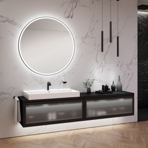neoro n80 albus Meuble bas l: 240 cm avec 2 tiroirs, façade en verre striée, avec miroir, vasque l: 100,5 cm, BN0139WM+2#BN0434PG+BN0407BM+BN0024MI,