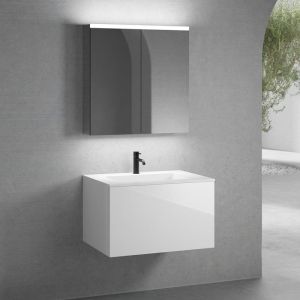 neoro n50 Meuble bas l: 80 cm, 1 tiroir, vasque blanche avec 1 trou de robinetterie, avec armoire de toilette, BN0094WH+BN0432WH+BN0473MI,