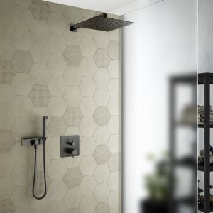 Mariner Eden coaxial Ensemble de douche avec mitigeur thermostatique, douche de t&ecirc;te carr&eacute;e en acier inoxydable et set de douche m&eacute;tallique avec tablette, WLS3115_EDE2802-GM_02,