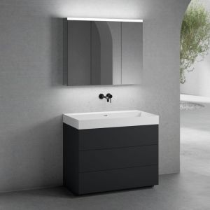 neoro n50 Meuble bas l : 100 cm, 3 tiroirs, vasque blanc mat sans trou percé, avec armoire de toilette,, BN0135WM+BN0453BM+BN0474MI,