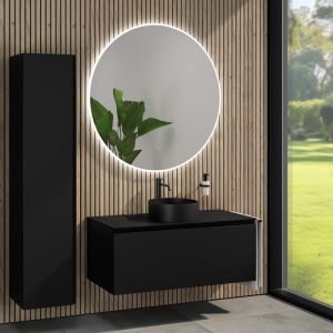 rivea Dia Meuble sous-vasque l: 120 cm, 1 tiroir, vasque Ø 38 cm noire mate, avec miroir éclairé Kanya, BR0535BM+BR0039BM+BN0404BM+BR2029MI,