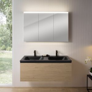 rivea Dia Meuble sous-vasque l : 121 cm, 1 tiroir, double vasque à 2 trous de robinetterie, noir mat, avec armoire de toilette n50, BR0039SO+BR0052BM+BN0475MI,