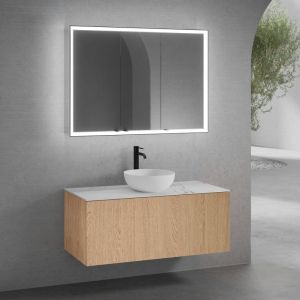 neoro n50 Meuble bas l: 120 cm, 1 tiroir, façade en chêne lisse, vasque l: 58 cm, blanc mat, plan de toilette blanc mat, avec miroir, BN0065WM+BN0434BFO+BN0404WM+BN0017MI,
