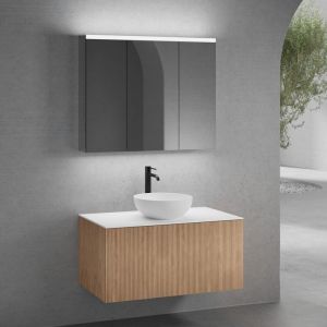 neoro n50 Meuble sous-vasque l : 100 cm, 1 tiroir, fa&ccedil;ade en ch&ecirc;ne stri&eacute;e, vasque &Oslash; 40 cm blanc mat, plan de toilette blanc mat, avec armoire de toilette, BN0064WM+BN0433PO+BN0403WM+BN0474MI,