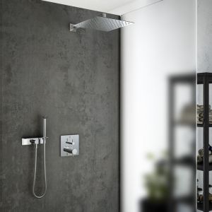 Mariner Eden coaxial Ensemble de douche avec mitigeur thermostatique, douche de t&ecirc;te carr&eacute;e en acier inoxydable et set de douche m&eacute;tallique avec tablette, WLS3115_EDE2802-CR_02,