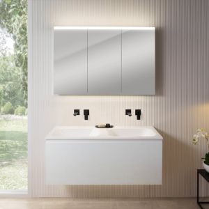 rivea Dia Meuble sous-vasque l : 121 cm, 1 tiroir, double vasque sans trou de robinetterie, blanc, avec armoire de toilette n50, BR0039WH+BR0057WH+BN0475MI,
