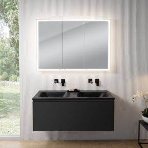 rivea Dia Meuble sous-vasque l : 121 cm, 1 tiroir, double vasque sans trou de robinetterie, noir mat, avec armoire de toilette n60, BR0039BM+BR0057BM+BN0494MI,