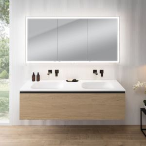 rivea Dia Meuble sous-vasque l : 161 cm, 1 tiroir, double vasque sans trou de robinetterie, blanc mat, avec armoire de toilette n60, BR0045SO+BR0080WM+BN0496MI,