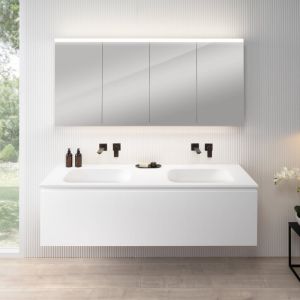 rivea Dia Meuble sous-vasque l : 161 cm, 1 tiroir, double vasque sans trou de robinetterie, blanc mat, avec armoire de toilette n50, BR0045WM+BR0080WM+BN0512MI,