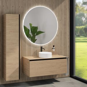 rivea Dia Meuble sous-vasque l: 120 cm, 1 tiroir, vasque Ø 38 cm blanche mate, avec miroir éclairé Kanya, BR0535WM+BR0039SO+BR0004SO+BR2029MI,
