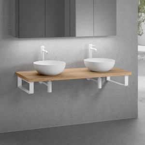 neoro n50 2 vasques &agrave; poser &Oslash; 40 H : 14 cm, avec plan de toilette en bois massif sans d&eacute;coupe l : 140,5 H : 4 P : 51,5 cm, 2#BN0064WM+BN0408W1+2#BN000004+BN000001,