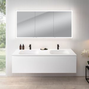 rivea Dia Meuble sous-vasque l : 161 cm, 1 tiroir, double vasque à 2 trous de robinetterie, blanc mat, avec armoire de toilette n60, BR0045WM+BR0082WM+BN0496MI,