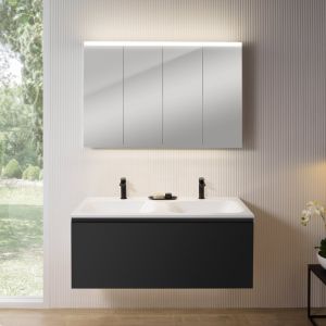 rivea Dia Meuble sous-vasque l : 121 cm, 1 tiroir, double vasque à 2 trous de robinetterie, blanc, avec armoire de toilette n50, BR0039BM+BR0052WH+BN0510MI,