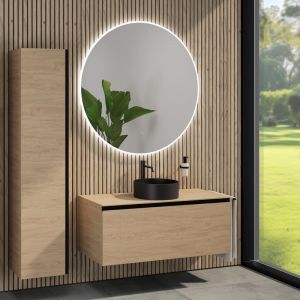 rivea Dia Meuble sous-vasque l: 120 cm, 1 tiroir, vasque Ø 38 cm noire mate, avec miroir éclairé Kanya, BR0535BM+BR0039SO+BR0004SO+BR2029MI,
