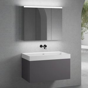 neoro n50 Meuble bas l : 100 cm, 1 tiroir, vasque blanc mat sans trou percé, avec armoire de toilette,, BN0135WM+BN0433GR+BN0474MI,