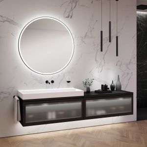 neoro n80 albus Meuble bas l: 240 cm avec 2 tiroirs, façade en verre striée, avec miroir, vasque l: 120,5 cm, BN0150WM+2#BN0434PG+BN0407BM+BN0024MI,