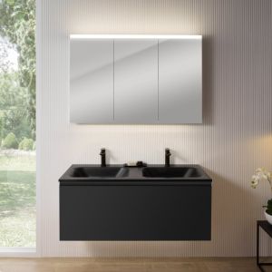 rivea Dia Meuble sous-vasque l : 121 cm, 1 tiroir, double vasque à 2 trous de robinetterie, noir mat, avec armoire de toilette n50, BR0039BM+BR0052BM+BN0475MI,