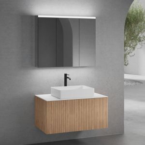 neoro n50 Meuble sous-vasque l : 100 cm avec 1 tiroir, fa&ccedil;ade en ch&ecirc;ne stri&eacute;e, vasque l : 58 cm blanc mat, plan de toilette blanc mat, avec armoire de toilette, BN0065WM+BN0433PO+BN0403WM+BN0474MI,