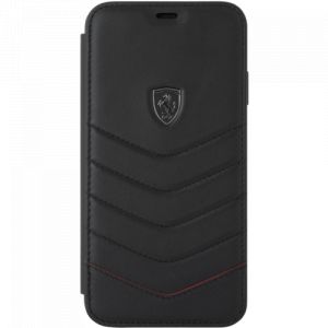 Ferrari coque clapet en cuir véritable matelassé pour apple iphone xs max, noir