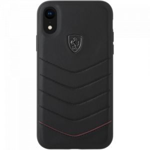 Ferrari coque en cuir véritable matelassé pour apple iphone xr, noir