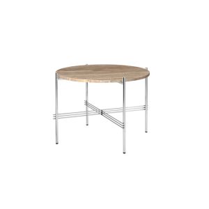 Table basse - TS COFFEE Ø 55 Ø 55 x H 41 cm Plateau travertin, base métal laqué Travertin taupe chaud Acier poli