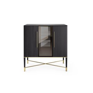 Meuble de rangement - TAMA VITRINE L 125 x P 49 x H 131 cm Frêne laqué noir, détails laiton satiné. Intérieur verre trempé verni réglisse brillant de