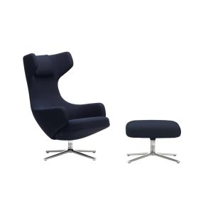 Fauteuil - GRAND REPOS & OTTOMAN tissu Tissu Credo, pi&egrave;tement aluminium inject&eacute; poli Credo bleu fonc&eacute;/ noir