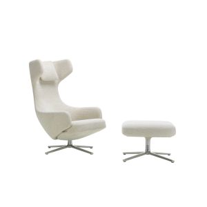 Fauteuil - GRAND REPOS & OTTOMAN tissu Tissu bouclé Nubia, piètement aluminium injecté poli Nubia crème/ perle