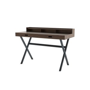 Bureau - HYPPOLITE noyer Gris ardoise MDF plaqu&eacute; noyer, Pi&egrave;tement m&eacute;tal laqu&eacute;