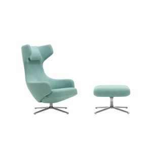 Fauteuil - GRAND REPOS & OTTOMAN tissu Tissu Dumet, pi&egrave;tement aluminium inject&eacute; poli Dumet 27 bleu voil&eacute;/ vert &eacute;meraude