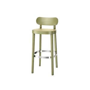 Tabouret haut - 118 H Vert olive Hêtre teinté, assise cannée, tissu support plastique sous le cannage, acier chromé L 40 x P 46 x H 94 cm, assise H 75