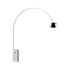 Lampadaire - ARCO Marbre blanc de Carrare, acier inoxydable, Diffuseur aluminium poli L 220 x H 232 cm, Diffuseur Ø 32 cm, Base L 24 x H 55 cm