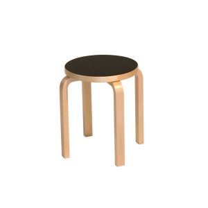Tabouret - E60 4 pieds Bouleau, linoleum Diam 38cm x H 44cm Linol&eacute;um noir